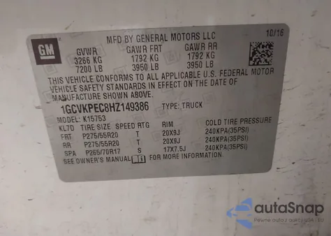 2017 Chevrolet Silverado K1500 Custom from USA, damaged, VIN 1GCVKPEC8HZ149386